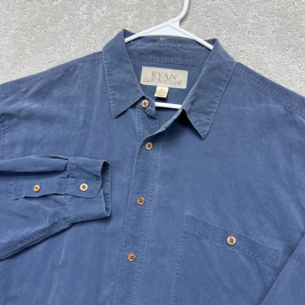 Ryan Michael Shirt Mens XL Blue 100% Silk Long Sleeve Button Up Moose Jacquard